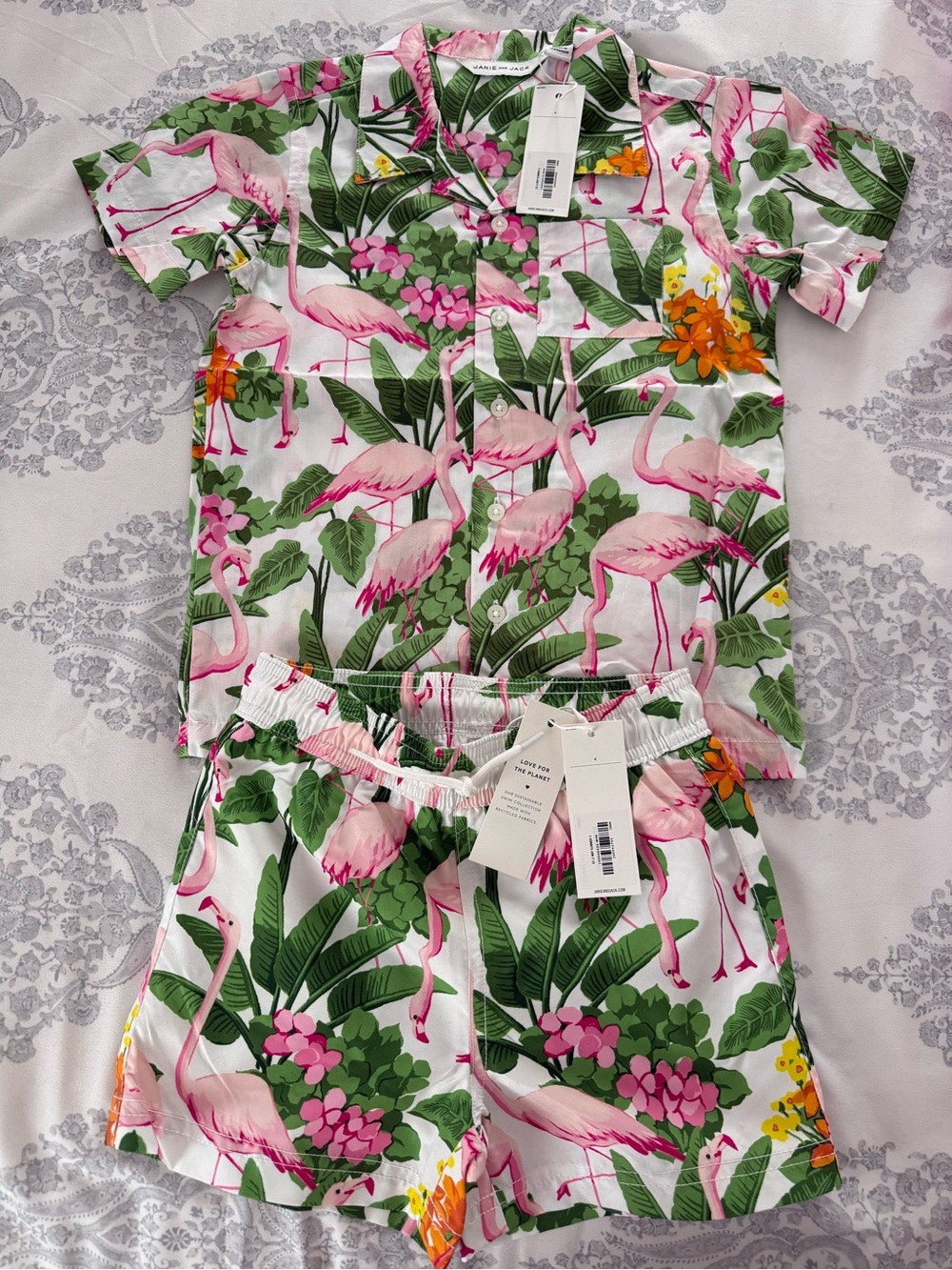 Janie and Jack Pink Flamingo Tropical Swim Trunks Set